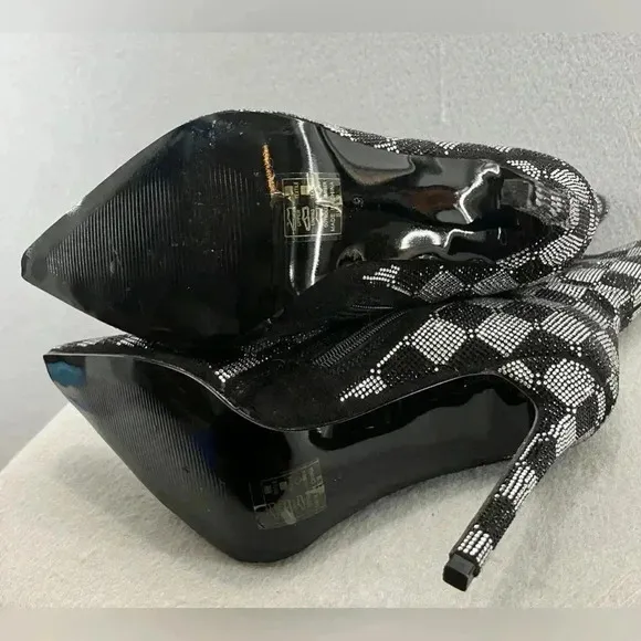 AZALEA WANG BOOTS STILETTO CHECKERS BLK RHINESTONE SIDE ZIP POINT TOE FABULOUS
