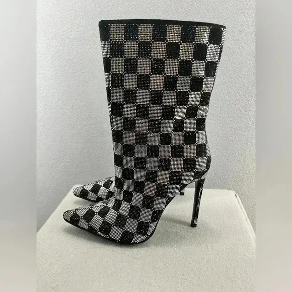 AZALEA WANG BOOTS STILETTO CHECKERS BLK RHINESTONE SIDE ZIP POINT TOE FABULOUS