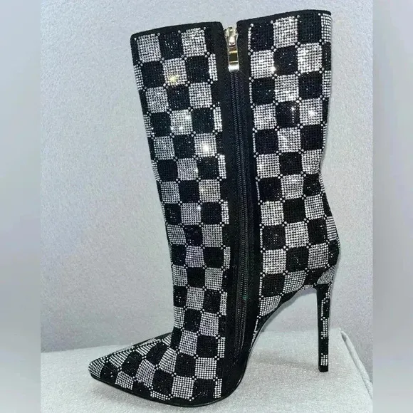 AZALEA WANG BOOTS STILETTO CHECKERS BLK RHINESTONE SIDE ZIP POINT TOE FABULOUS