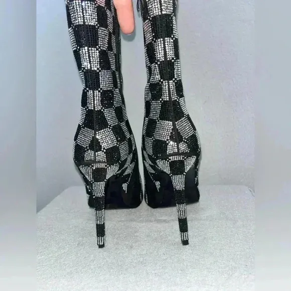AZALEA WANG BOOTS STILETTO CHECKERS BLK RHINESTONE SIDE ZIP POINT TOE FABULOUS