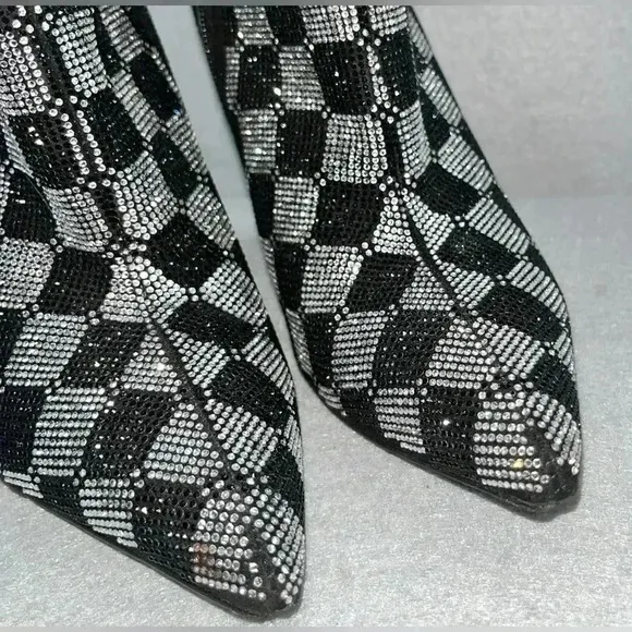 AZALEA WANG BOOTS STILETTO CHECKERS BLK RHINESTONE SIDE ZIP POINT TOE FABULOUS