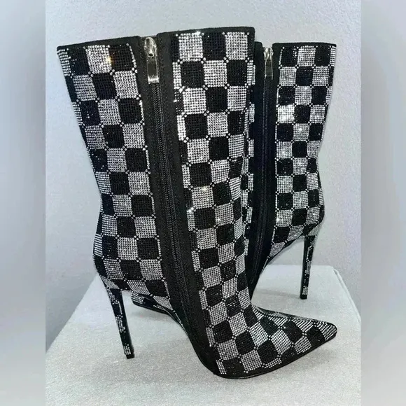AZALEA WANG BOOTS STILETTO CHECKERS BLK RHINESTONE SIDE ZIP POINT TOE FABULOUS