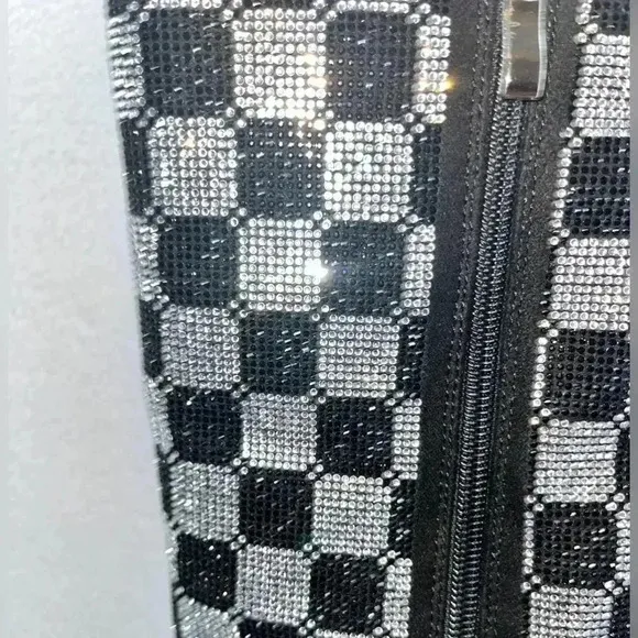 AZALEA WANG BOOTS STILETTO CHECKERS BLK RHINESTONE SIDE ZIP POINT TOE FABULOUS