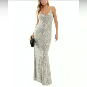 B Darlin Juniors Silver Sequined Bungee-Strap Gown Dress size 11/12 NWT