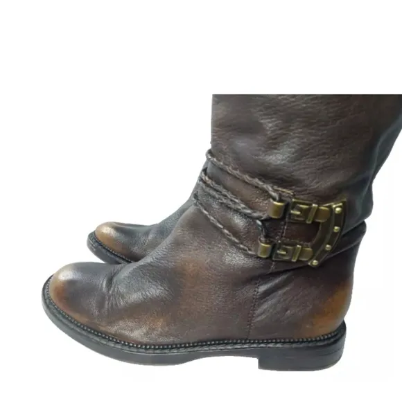 B Makowsky Women's Leather Riding Boots Size 7.5 Buckle &amp; Zip Accents Brown