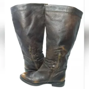 B Makowsky Women's Leather Riding Boots Size 7.5 Buckle &amp; Zip Accents Brown