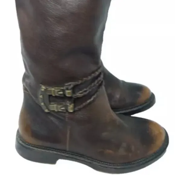 B Makowsky Women's Leather Riding Boots Size 7.5 Buckle &amp; Zip Accents Brown