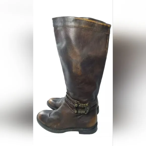B Makowsky Women's Leather Riding Boots Size 7.5 Buckle &amp; Zip Accents Brown