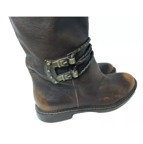 B Makowsky Women's Leather Riding Boots Size 7.5 Buckle &amp; Zip Accents Brown