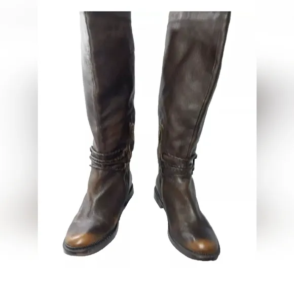 B Makowsky Women's Leather Riding Boots Size 7.5 Buckle &amp; Zip Accents Brown