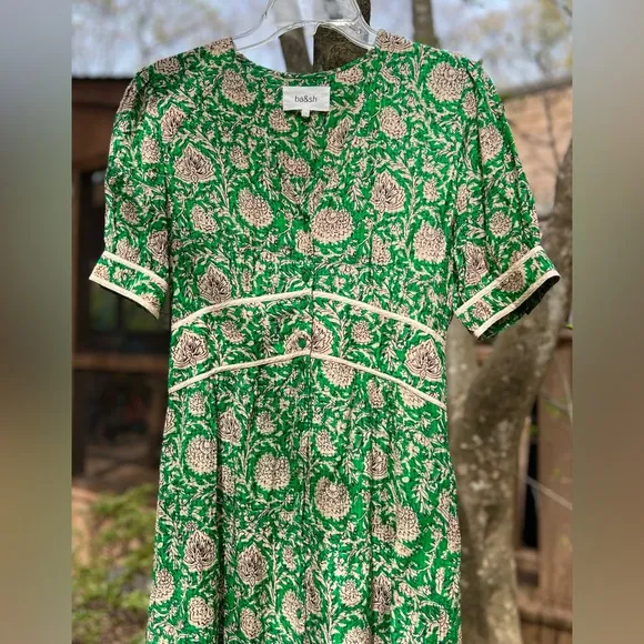 Ba&amp;sh Plume Green Floral Printed Short Sleeve Button Down Midi Dress Size 4
