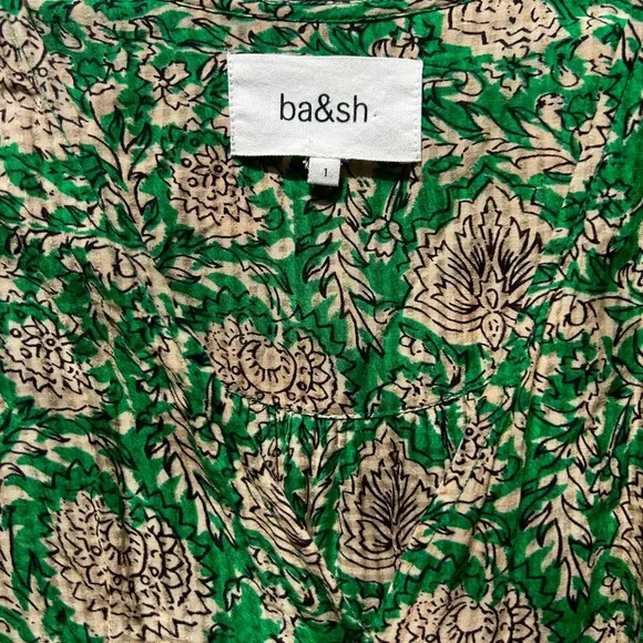 Ba&amp;sh Plume Green Floral Printed Short Sleeve Button Down Midi Dress Size 4