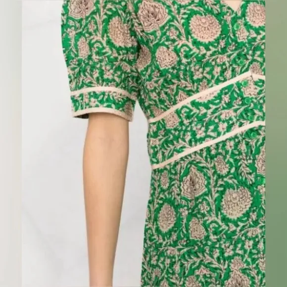 Ba&amp;sh Plume Green Floral Printed Short Sleeve Button Down Midi Dress Size 4