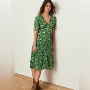 Ba&amp;sh Plume Green Floral Printed Short Sleeve Button Down Midi Dress Size 4