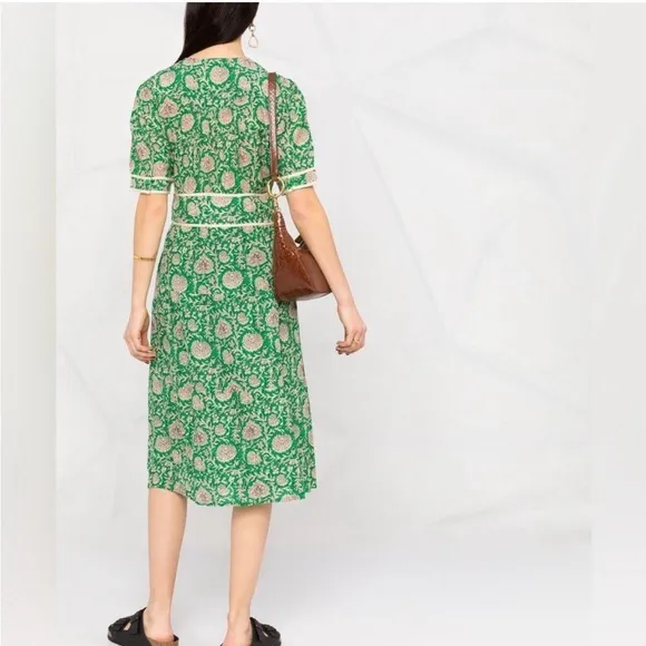 Ba&amp;sh Plume Green Floral Printed Short Sleeve Button Down Midi Dress Size 4