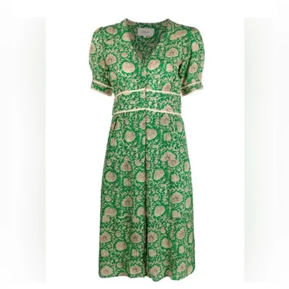 Ba&amp;sh Plume Green Floral Printed Short Sleeve Button Down Midi Dress Size 4