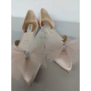 Badgley mischka fergie Sz 8 ballet pink flats pointed toe bow tulle rhinestone
