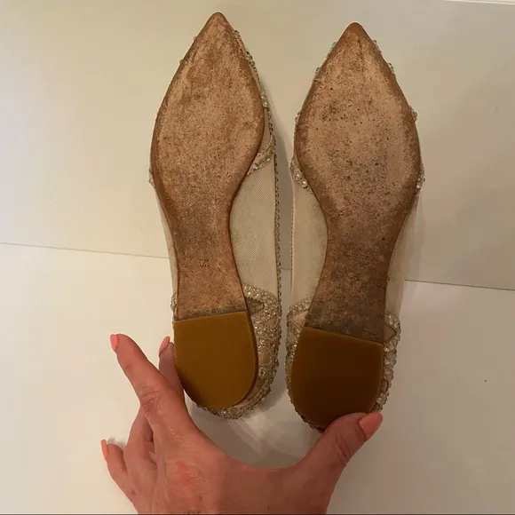 BADGLEY MISCHKA JEWEL SHOES CREAM SATIN MESH FLATS CRYSTALS POINTED TOE SIZE 5.5