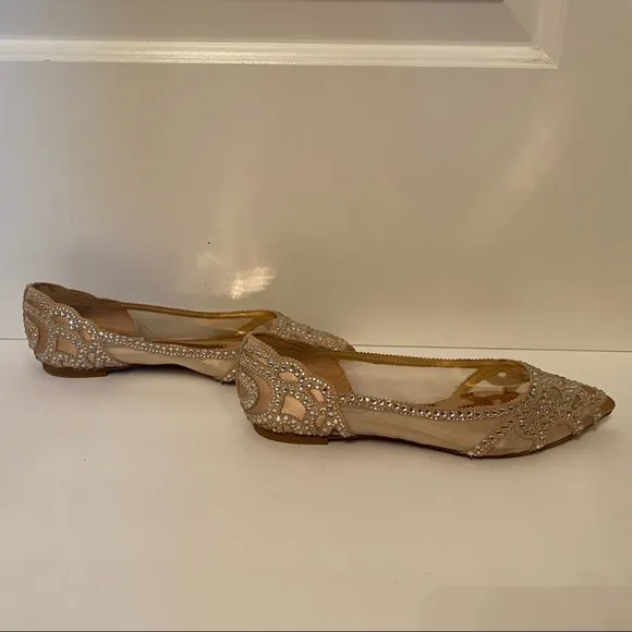 BADGLEY MISCHKA JEWEL SHOES CREAM SATIN MESH FLATS CRYSTALS POINTED TOE SIZE 5.5