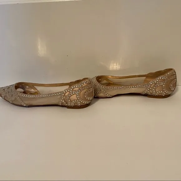 BADGLEY MISCHKA JEWEL SHOES CREAM SATIN MESH FLATS CRYSTALS POINTED TOE SIZE 5.5