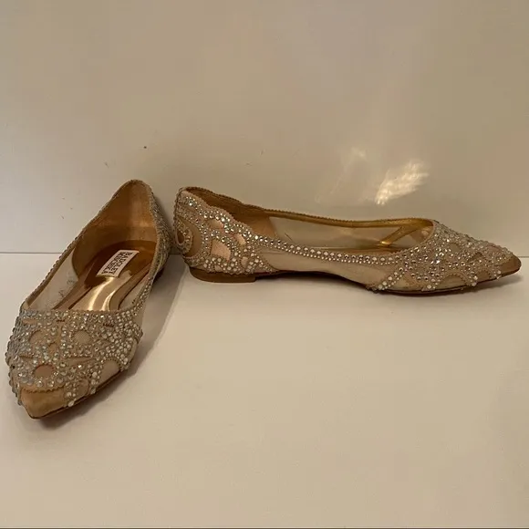 BADGLEY MISCHKA JEWEL SHOES CREAM SATIN MESH FLATS CRYSTALS POINTED TOE SIZE 5.5