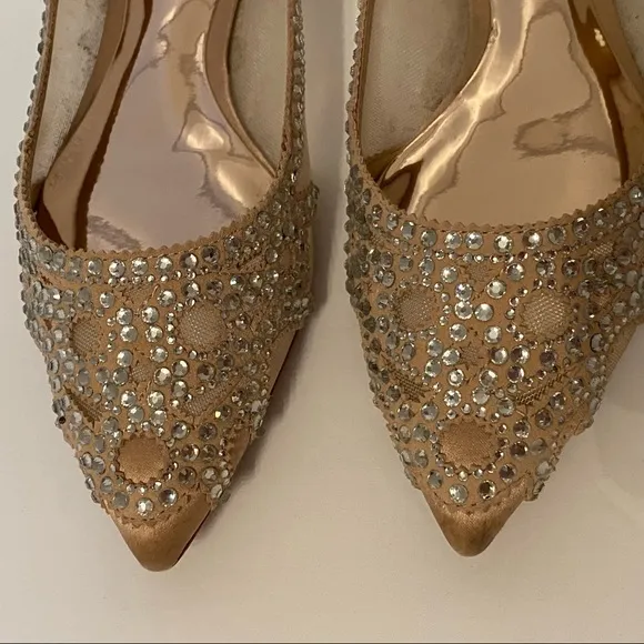 BADGLEY MISCHKA JEWEL SHOES CREAM SATIN MESH FLATS CRYSTALS POINTED TOE SIZE 5.5