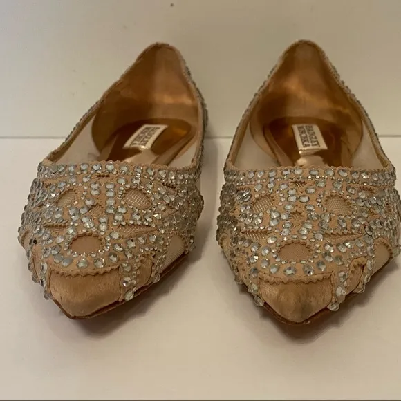 BADGLEY MISCHKA JEWEL SHOES CREAM SATIN MESH FLATS CRYSTALS POINTED TOE SIZE 5.5
