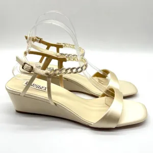 Badgley Mischka Size 9.5 Ivory Satin Jeweled Wedges Dress Sandals Heels Shoes
