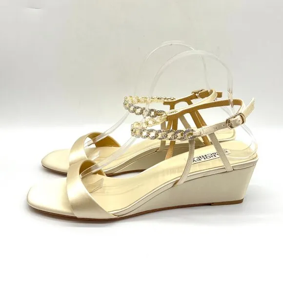 Badgley Mischka Size 9.5 Ivory Satin Jeweled Wedges Dress Sandals Heels Shoes