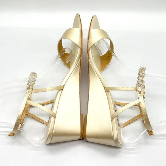 Badgley Mischka Size 9.5 Ivory Satin Jeweled Wedges Dress Sandals Heels Shoes