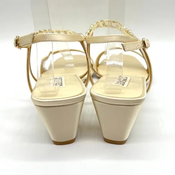 Badgley Mischka Size 9.5 Ivory Satin Jeweled Wedges Dress Sandals Heels Shoes