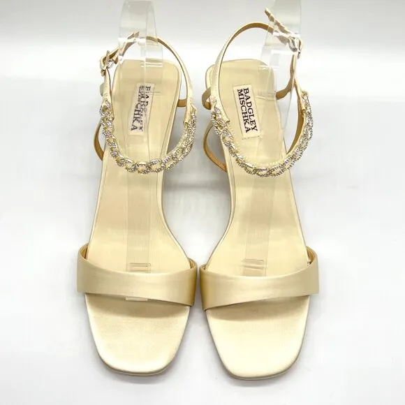 Badgley Mischka Size 9.5 Ivory Satin Jeweled Wedges Dress Sandals Heels Shoes