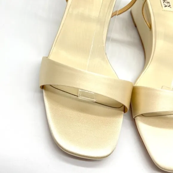 Badgley Mischka Size 9.5 Ivory Satin Jeweled Wedges Dress Sandals Heels Shoes