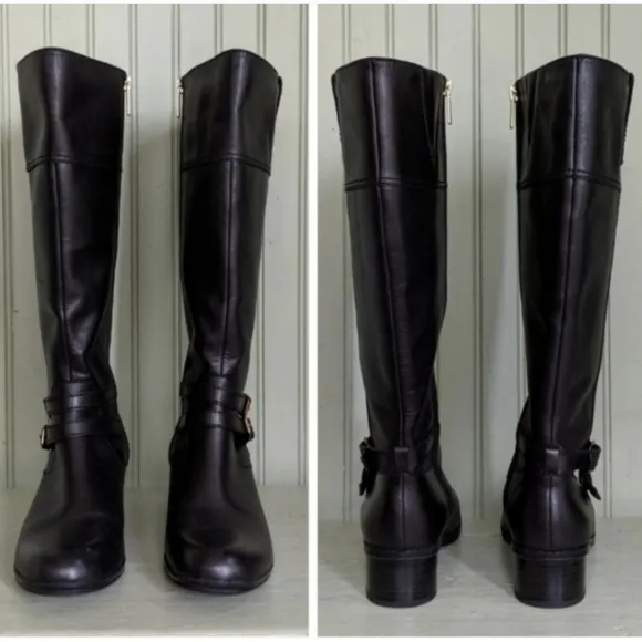 Bandolino Carlotta Wide Calf Leather Boots Buckle Straps Side Zip Black 6.5 NWOT