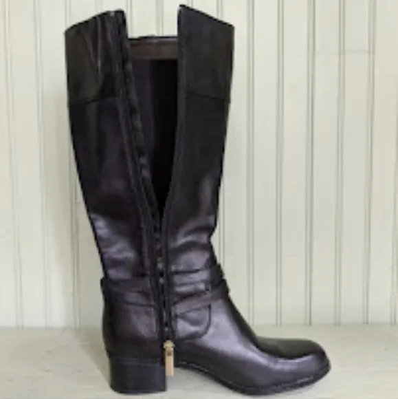 Bandolino Carlotta Wide Calf Leather Boots Buckle Straps Side Zip Black 6.5 NWOT