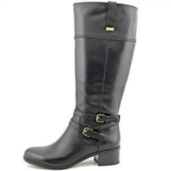 Bandolino Carlotta Wide Calf Leather Boots Buckle Straps Side Zip Black 6.5 NWOT