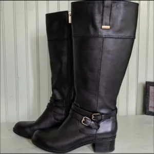Bandolino Carlotta Wide Calf Leather Boots Buckle Straps Side Zip Black 6.5 NWOT