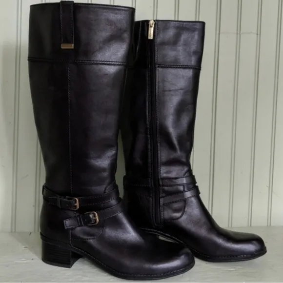 Bandolino Carlotta Wide Calf Leather Boots Buckle Straps Side Zip Black 6.5 NWOT