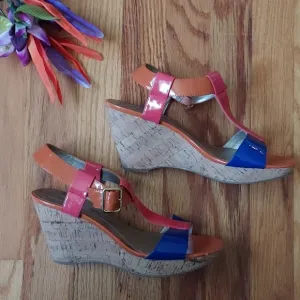 Bandolino Engage Colorblock Faux Patent Leather Cork Wedges Size 6.5