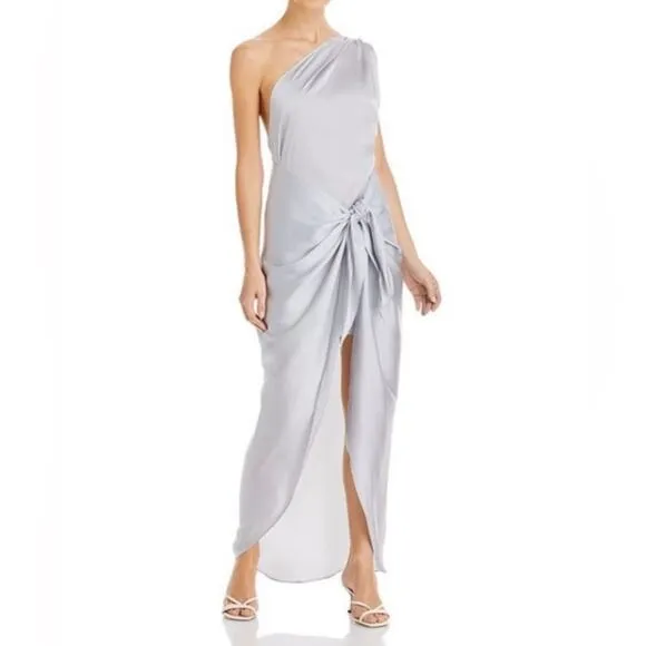 Baobab Marea One Shoulder Satin Maxi Dress in Plata Silver Size Medium