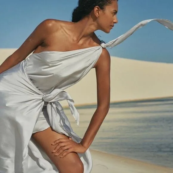 Baobab Marea One Shoulder Satin Maxi Dress in Plata Silver Size Medium