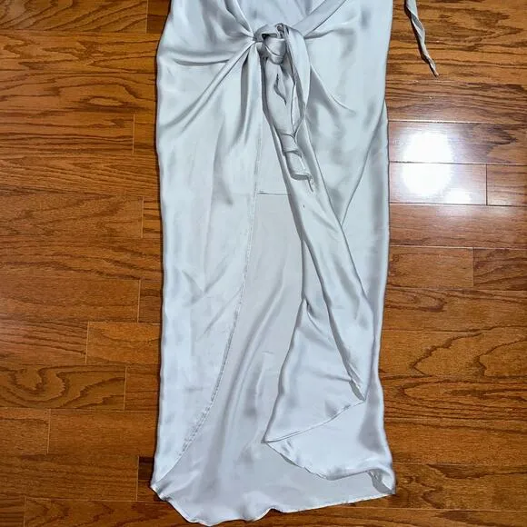 Baobab Marea One Shoulder Satin Maxi Dress in Plata Silver Size Medium