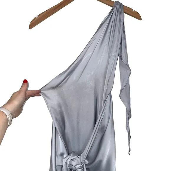 Baobab Marea One Shoulder Satin Maxi Dress in Plata Silver Size Medium