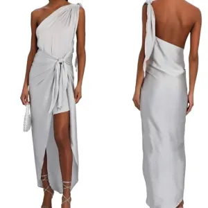 Baobab Marea One Shoulder Satin Maxi Dress in Plata Silver Size Medium