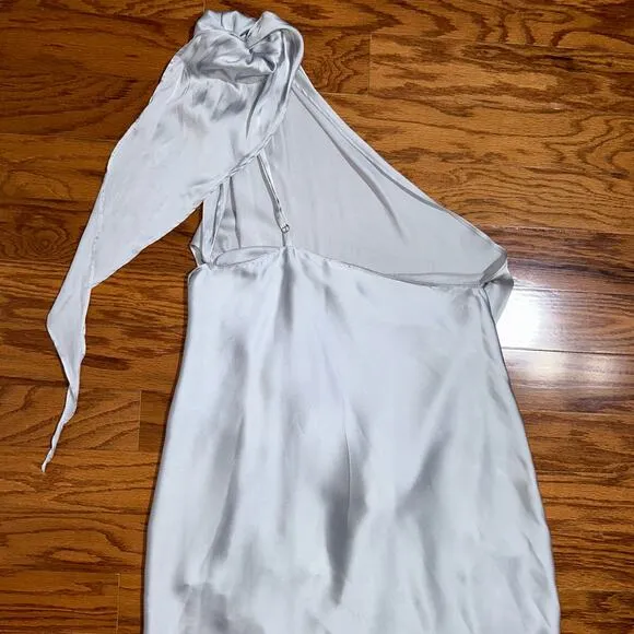 Baobab Marea One Shoulder Satin Maxi Dress in Plata Silver Size Medium