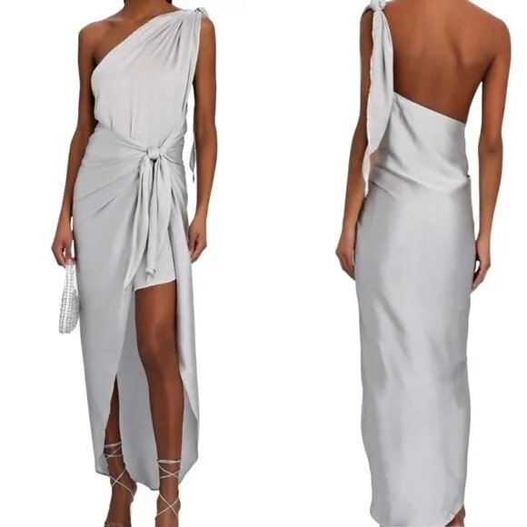 Baobab Marea One Shoulder Satin Maxi Dress in Plata Silver Size Medium