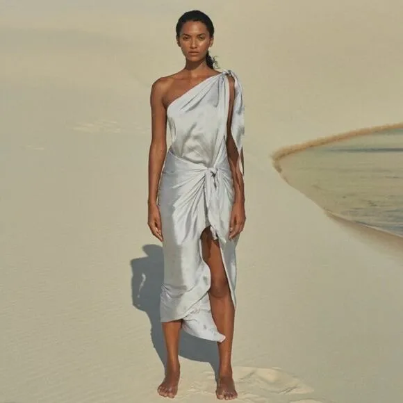 Baobab Marea One Shoulder Satin Maxi Dress in Plata Silver Size Medium