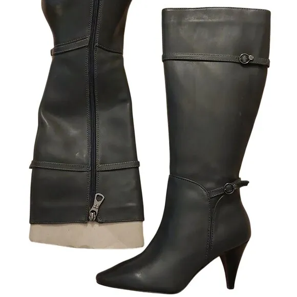 BCBGMAXAZARIA AVA Belted Dark Charcoal Grey Leather Boots Retail Sz 6.5 $434