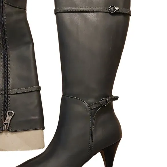 BCBGMAXAZARIA AVA Belted Dark Charcoal Grey Leather Boots Retail Sz 6.5 $434