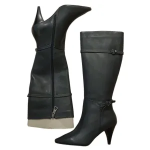 BCBGMAXAZARIA AVA Belted Dark Charcoal Grey Leather Boots Retail Sz 6.5 $434